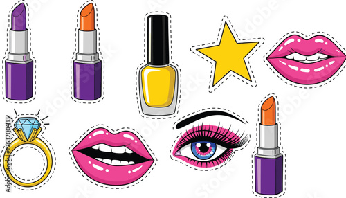 Bold Beauty Sticker Set Featuring Lipstick, Lips, Eyelashes, Diamond, and Star Emojis for Trendy and Glamorous Designs