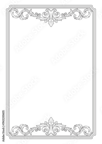 Ornate Baroque Border Frame in Vintage Victorian Style, Elegant Black and White Filigree Floral Ornament for Wedding Invitation, Luxury Decorative Antique Swirl Frame Isolated on White