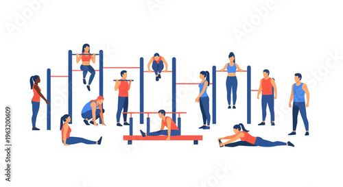 People doing various gym exercises outdoors.