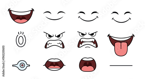 Various Cartoon Mouths and Eyes Emotions.
