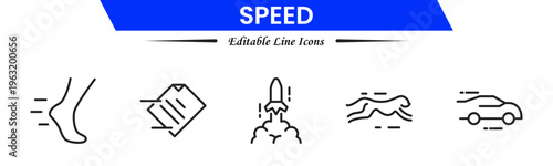 Speed and performance icon set. Containing fast, productivity, indicator, turbo, speeding and speedometer icons. Thin line icon collection. Vector illustration.