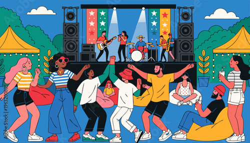 Open Air Summer Music Festival with Crowd of Fans Dancing in Front of Stage.eps