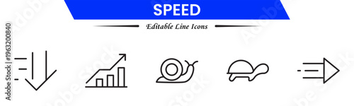 Speed and performance icon set. Containing fast, productivity, indicator, turbo, speeding and speedometer icons. Thin line icon collection. Vector illustration.