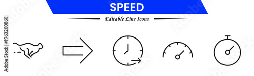 Speed and performance icon set. Containing fast, productivity, indicator, turbo, speeding and speedometer icons. Thin line icon collection. Vector illustration.