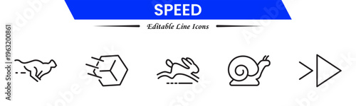 Speed and performance icon set. Containing fast, productivity, indicator, turbo, speeding and speedometer icons. Thin line icon collection. Vector illustration.