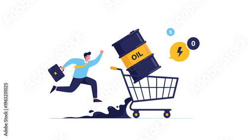 Concerned man running with shopping cart carrying leaking oil barrel representing global energy crisis and rising fuel prices.