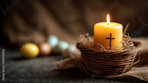 Burning candle with wooden cross in a wicker nest on a dark background. Symbol of Easter holiday and Christian religion. Traditional religious decoration for church and home celebration.