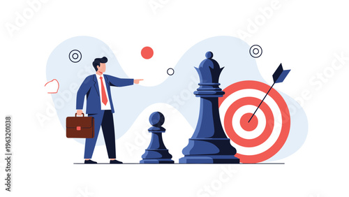 Strategic businessman planning his next move by pointing at giant chess pieces toward a bullseye target for success.