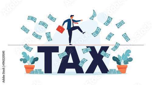 Brave businessman walking on tightrope above giant word tax while money falls around him for financial balance concept.