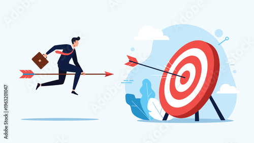 Ambitious businessman riding fast moving arrow toward center of large target for rapid growth and successful goal achievement.