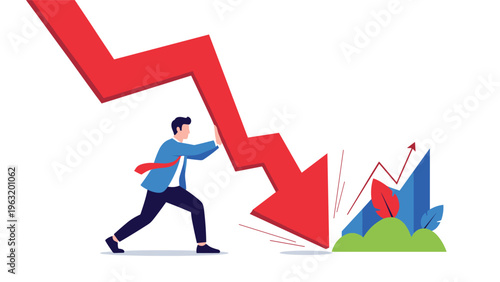 Strong businessman using all his strength to push up falling red arrow graph to recover from financial market decline.
