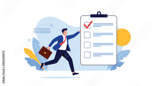 Organized businessman running toward giant clipboard checklist with check marks for efficient task completion and management.