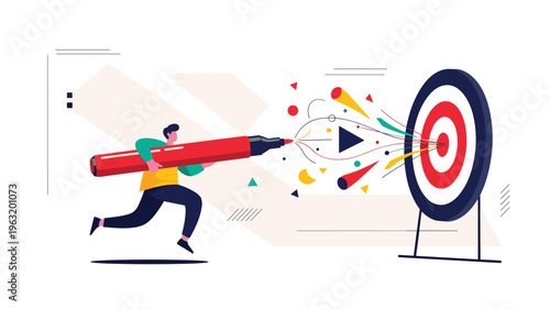 Creative professional using a large red marker to draw strategic paths towards a target for business growth and innovation.