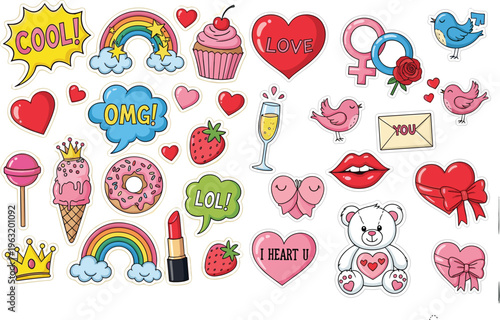 Love and Fun Sticker Set Featuring Rainbow, Hearts, Cupcake, Ice Cream, Lipstick, and Cute Emojis for Trendy and Playful Designs