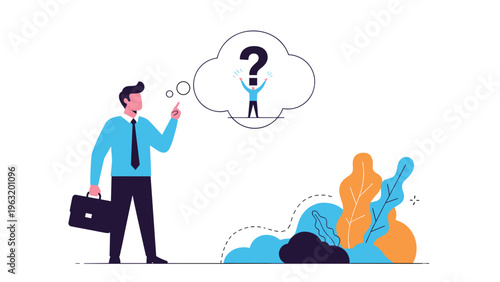 Confused businessman contemplating complex problems and seeking answers while standing near colorful abstract plant elements.