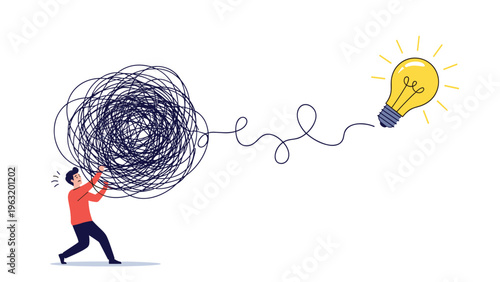 Persevering man untangling a chaotic ball of string to find a clear path towards a bright idea and innovative solution.