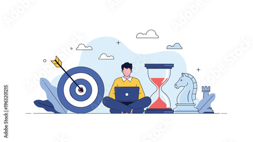 Focused professional working on a laptop while managing time, strategic goals, and planning with diverse business tools.