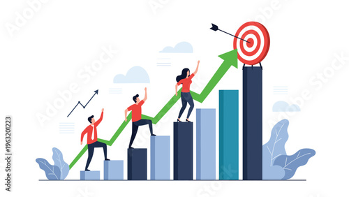 Motivated business team climbing different stages of a bar chart to reach a high target and achieve collective success.