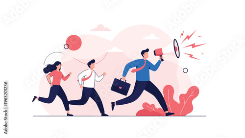 Energetic leader shouting into a large megaphone to motivate a running team towards shared business objectives and goals.