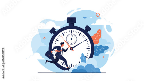 Fast professional running against time in front of a giant stopwatch to meet urgent project deadlines and business goals.