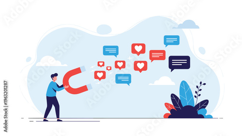 Marketing expert using a large magnet to attract social media likes and comments for online brand engagement and growth.