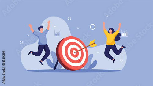 Happy business team jumping for joy after hitting a target bullseye to celebrate their professional victory and success.