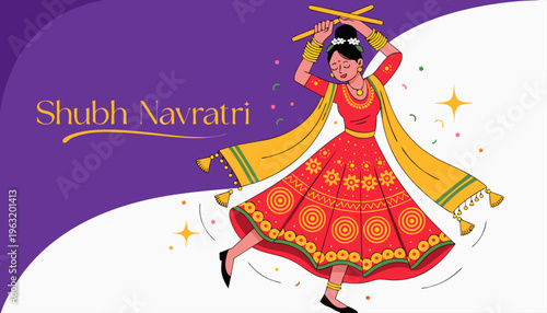 Shubh Navratri Poster with Traditional Woman Dancing Garba Illustration.eps