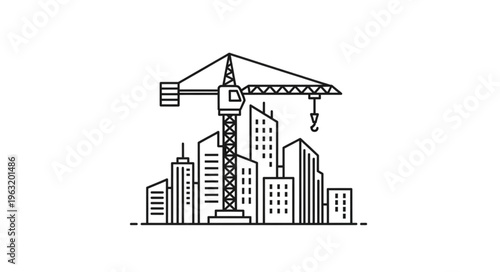 Construction crane towering over city buildings, symbolizing urban development and progress.