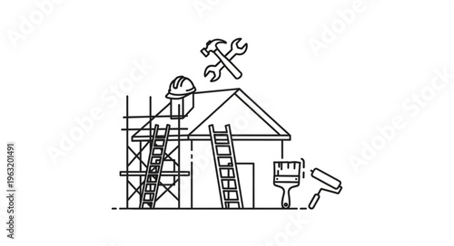 Construction site with tools and equipment, house under construction, building process concept.