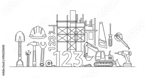 Construction tools and equipment illustration, building site concept, black and white drawing.