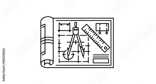 Architectural blueprint with drafting tools and detailed construction plans for design.