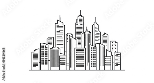 City skyline illustration featuring various skyscrapers and buildings in a modern urban environment.