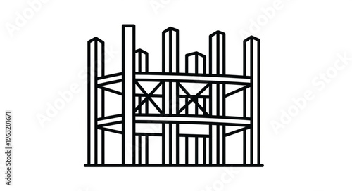 Detailed architectural structure illustration showcasing beams, pillars, and support elements in a construction design.