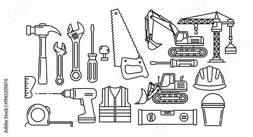 Collection of construction tools and equipment for building and repair work.