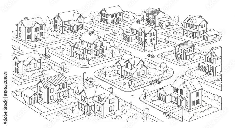 Obraz premium Detailed architectural illustration of a residential neighborhood with various houses and streets.