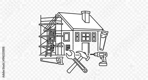 House under construction with tools, scaffolding, and building materials.