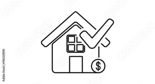 House with checkmark and dollar sign, representing home buying and real estate.