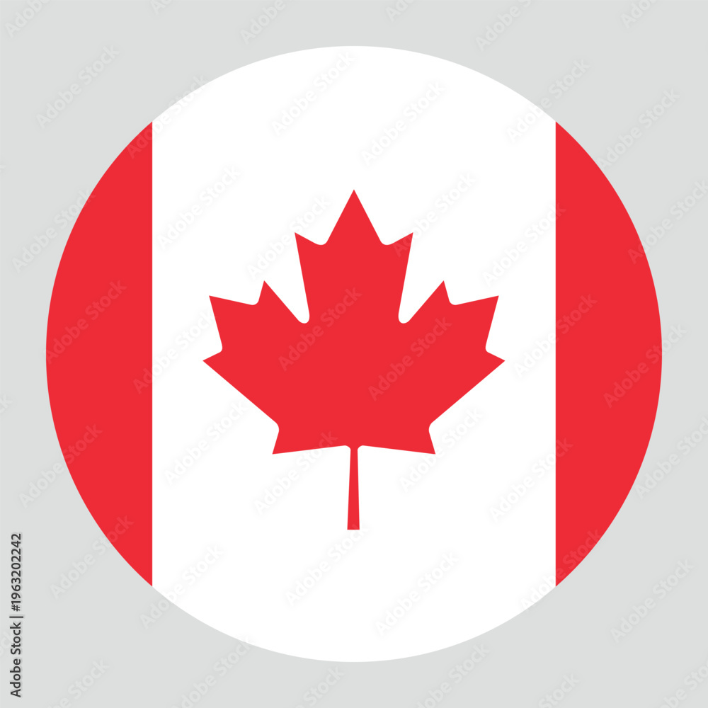 Obraz premium Circular vector illustration of the Canadian flag, isolated on grey background.