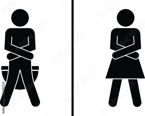 Funny Restroom Signage Vector, Male and Female Silhouette Icons Crossing Legs for Urgency, Creative Bathroom Door Labeling for Public Washrooms