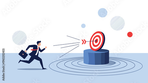 Businessman running towards a red target with an arrow hitting the bullseye representing career goals and successful achievement.