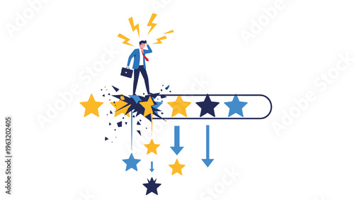Frustrated businessman standing on a broken five star rating scale with falling yellow stars illustrating poor feedback or failure.