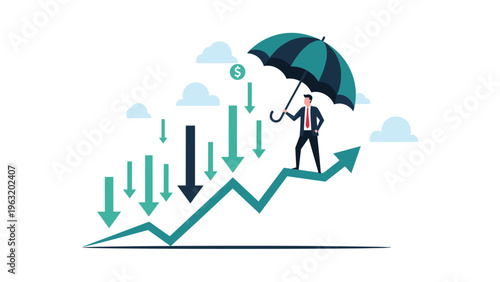 Businessman with an umbrella on a rising graph protected from falling market trends symbolizing financial stability and risk management.