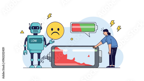 Robot and human woman concerned about a low battery level indicator representing energy depletion and technical exhaustion.