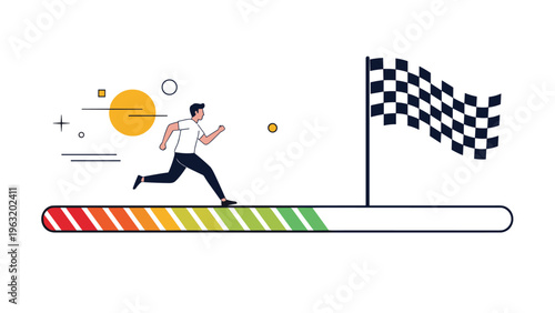 Man running on a colorful progress bar towards a checkered finish line flag symbolizing goal achievement and athletic success.