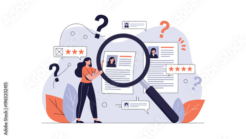 Recruiter examining candidate resumes through a magnifying glass with star ratings and question marks representing hiring process.