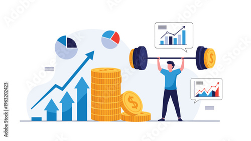 Strong man lifting heavy barbell made of gold dollar coins representing financial growth and economic success with business charts.