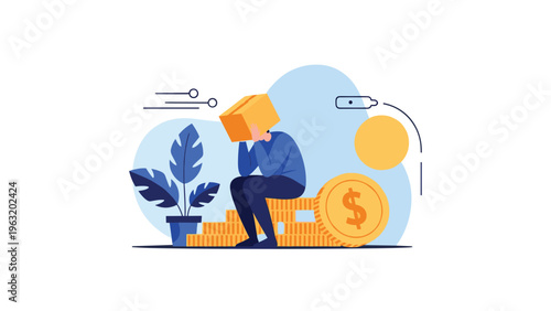 Sad person sitting on a stack of gold coins with a box over their head representing financial stress and hidden debt problems.