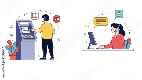 Customer using automated teller machine while speaking with bank support agent via headset to resolve banking transaction issue.