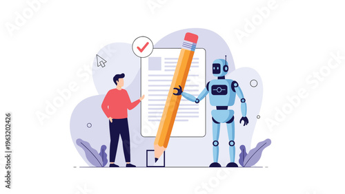 Man and a robot collaborator using a giant pencil to sign a large document representing human robot partnership and automation.