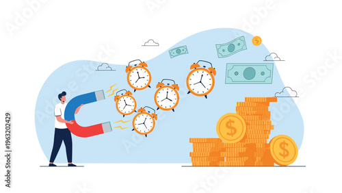 Man using a large magnet to attract multiple alarm clocks symbolizing time management and the conversion of time into money.